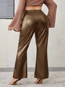 SHEIN Privé Plus High Waist Flare Leg Patent Trousers - Mocha Brown - View 2