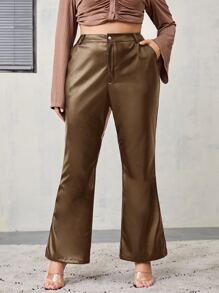 SHEIN Privé Plus High Waist Flare Leg Patent Trousers - Mocha Brown - View 3