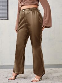 SHEIN Privé Plus High Waist Flare Leg Patent Trousers - Mocha Brown - View 4