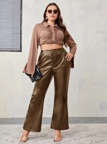 SHEIN Privé Plus High Waist Flare Leg Patent Trousers - Mocha Brown - View 5