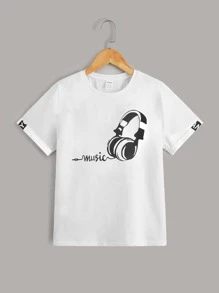 SHEIN 男孩字母圖案T恤 - 白色 - 查看 1