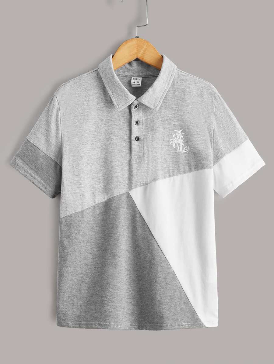 SHEIN 男孩椰子樹圖案撞色POLO衫 - 彩色 - 查看 1