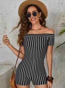 SHEIN LUNE 一字肩條紋圖案彈力緊身連體短褲 - 黑色 - 查看 1