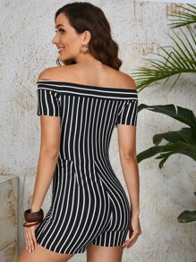 SHEIN LUNE 一字肩條紋圖案彈力緊身連體短褲 - 黑色 - 查看 2