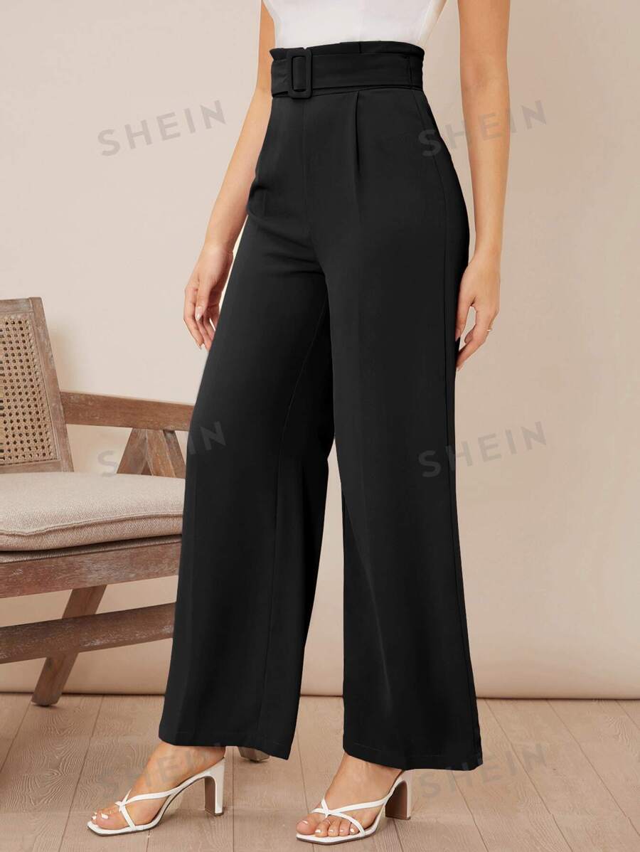 Firerie Pantalones de pierna ancha unicolor de talle alto con cinturón