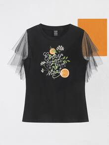 Anis Illustration 水果和標語圖案網紗荷葉袖上衣 - 黑色 - 查看 1