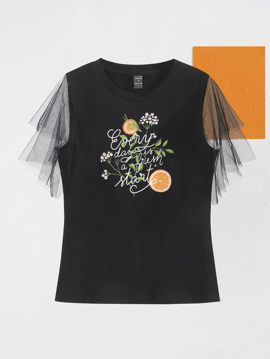 Anis Illustration 水果和標語圖案網紗荷葉袖上衣 - 黑色 - 查看 1