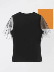 Anis Illustration 水果和標語圖案網紗荷葉袖上衣 - 黑色 - 查看 2