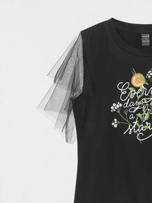 Anis Illustration 水果和標語圖案網紗荷葉袖上衣 - 黑色 - 查看 4