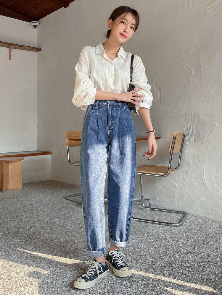 High Waist Washed Straight Leg Jeans,Back To School Clothes