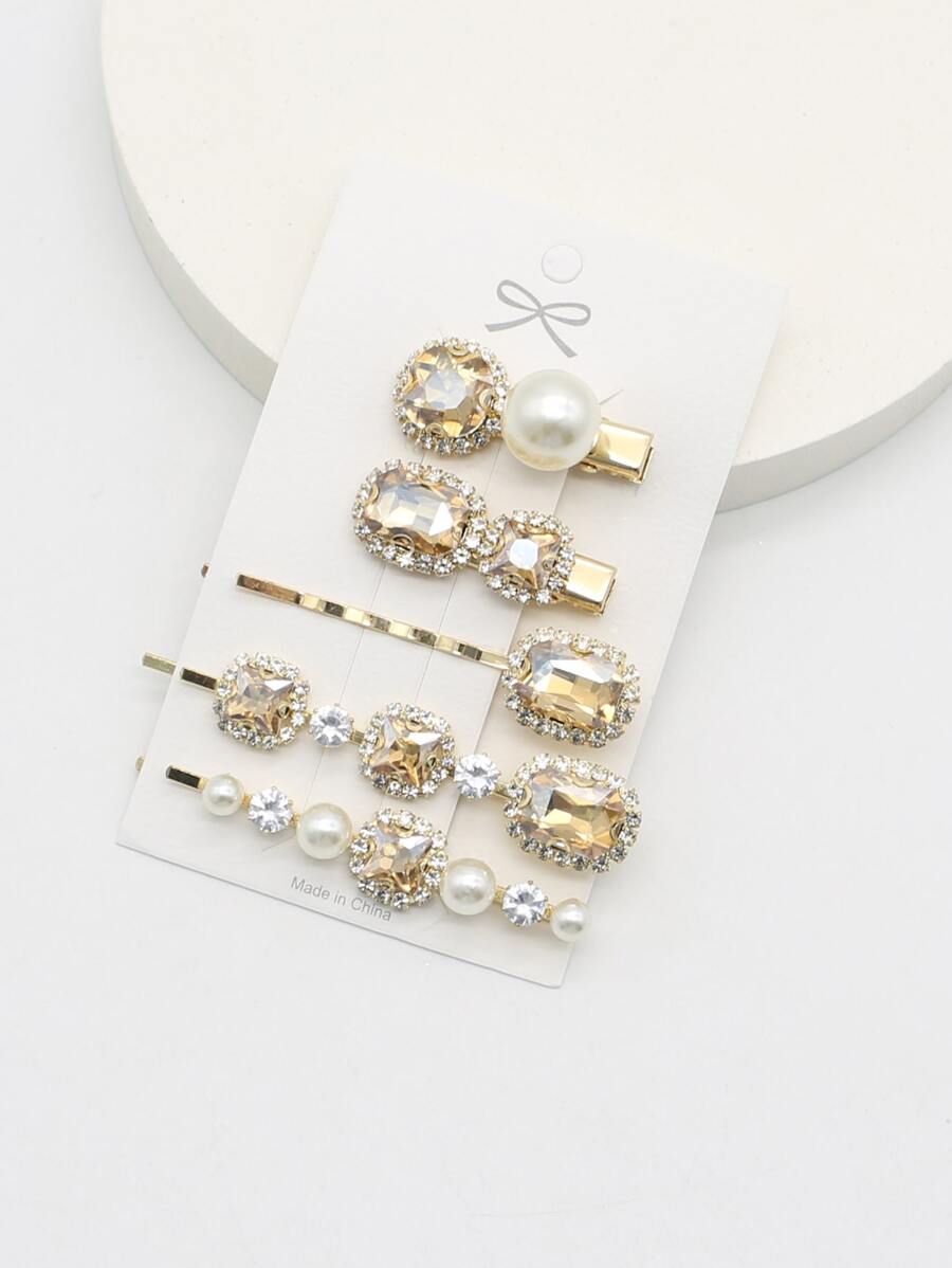 Juego de 5 piezas de pinzas para el cabello rectas de metal con strass, pinzas para el cabello de perlas - Multicolor - Ver 1