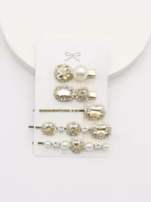 Juego de 5 piezas de pinzas para el cabello rectas de metal con strass, pinzas para el cabello de perlas - Multicolor - Ver 2