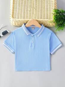 女孩條紋飾邊Polo領T恤 - 淺藍色 - 查看 1