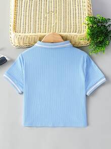 女孩條紋飾邊Polo領T恤 - 淺藍色 - 查看 2