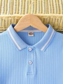 女孩條紋飾邊Polo領T恤 - 淺藍色 - 查看 3