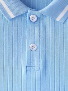 女孩條紋飾邊Polo領T恤 - 淺藍色 - 查看 5