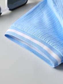 女孩條紋飾邊Polo領T恤 - 淺藍色 - 查看 6