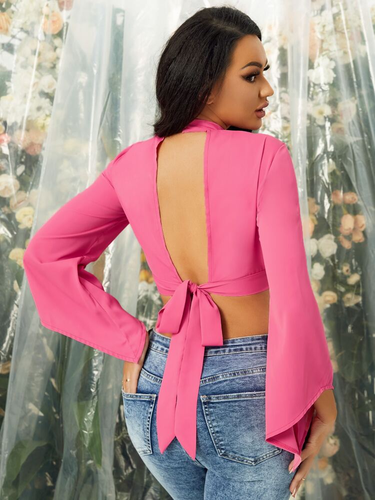SHEIN SXY Cut Out Choker Neck Tie Back Trumpet Sleeve Crop Top - Hot Pink - View 2