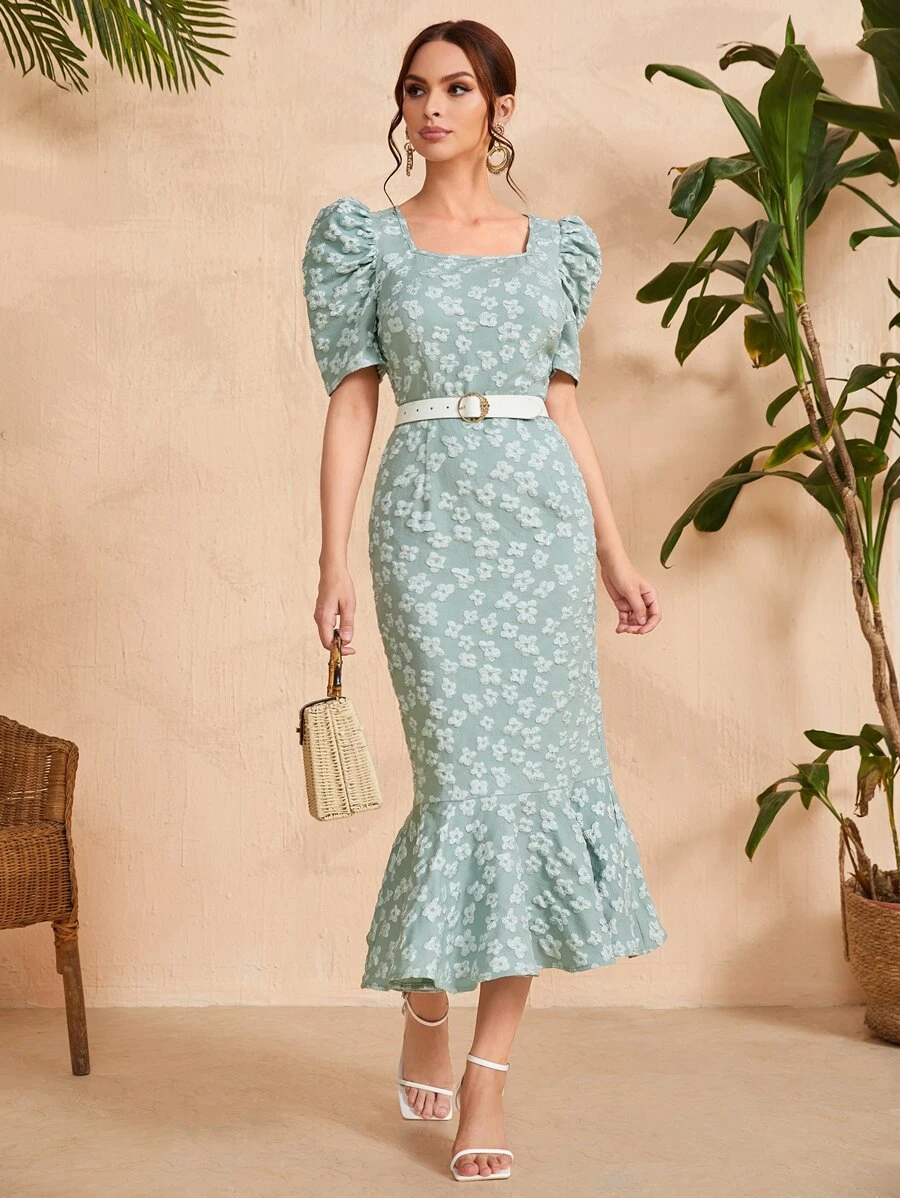 Modelyn Floral Print Puff Sleeve Dress Without Belt - Mint Green - View 1