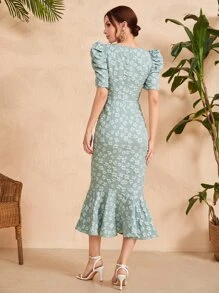 Modelyn Floral Print Puff Sleeve Dress Without Belt - Mint Green - View 2