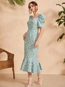 Modelyn Floral Print Puff Sleeve Dress Without Belt - Mint Green - View 3