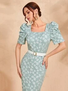 Modelyn Floral Print Puff Sleeve Dress Without Belt - Mint Green - View 4