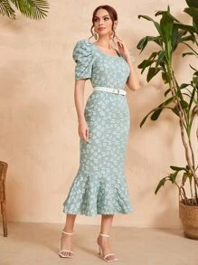 Modelyn Floral Print Puff Sleeve Dress Without Belt - Mint Green - View 5