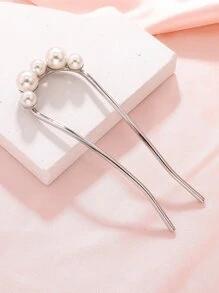 人造珍珠裝飾髮夾 - 銀色 - 查看 1
