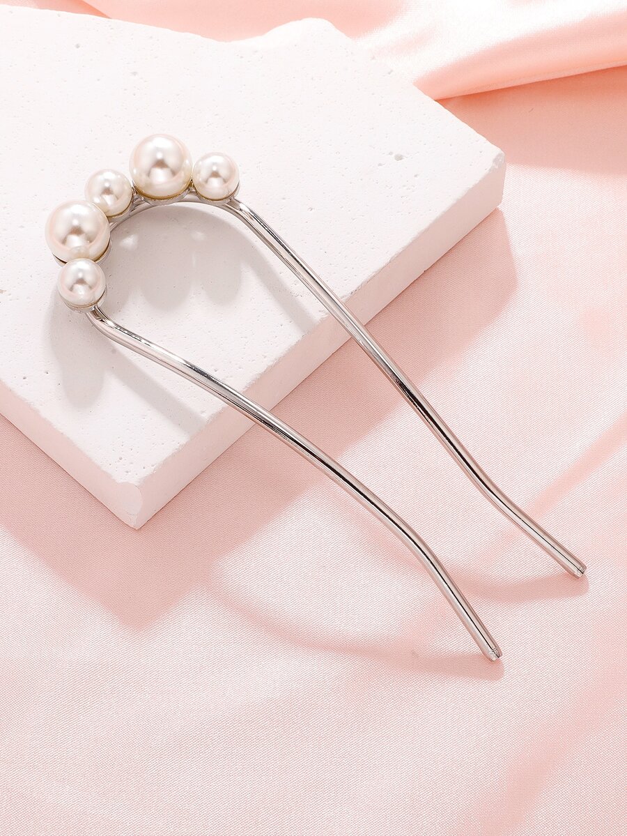人造珍珠裝飾髮夾 - 銀色 - 查看 1