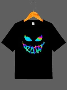SHEIN Tween Boys' Reflective Smiling Face Printed Short Sleeve T-Shirt Cool Daily Wear For Summer - Black - View 1