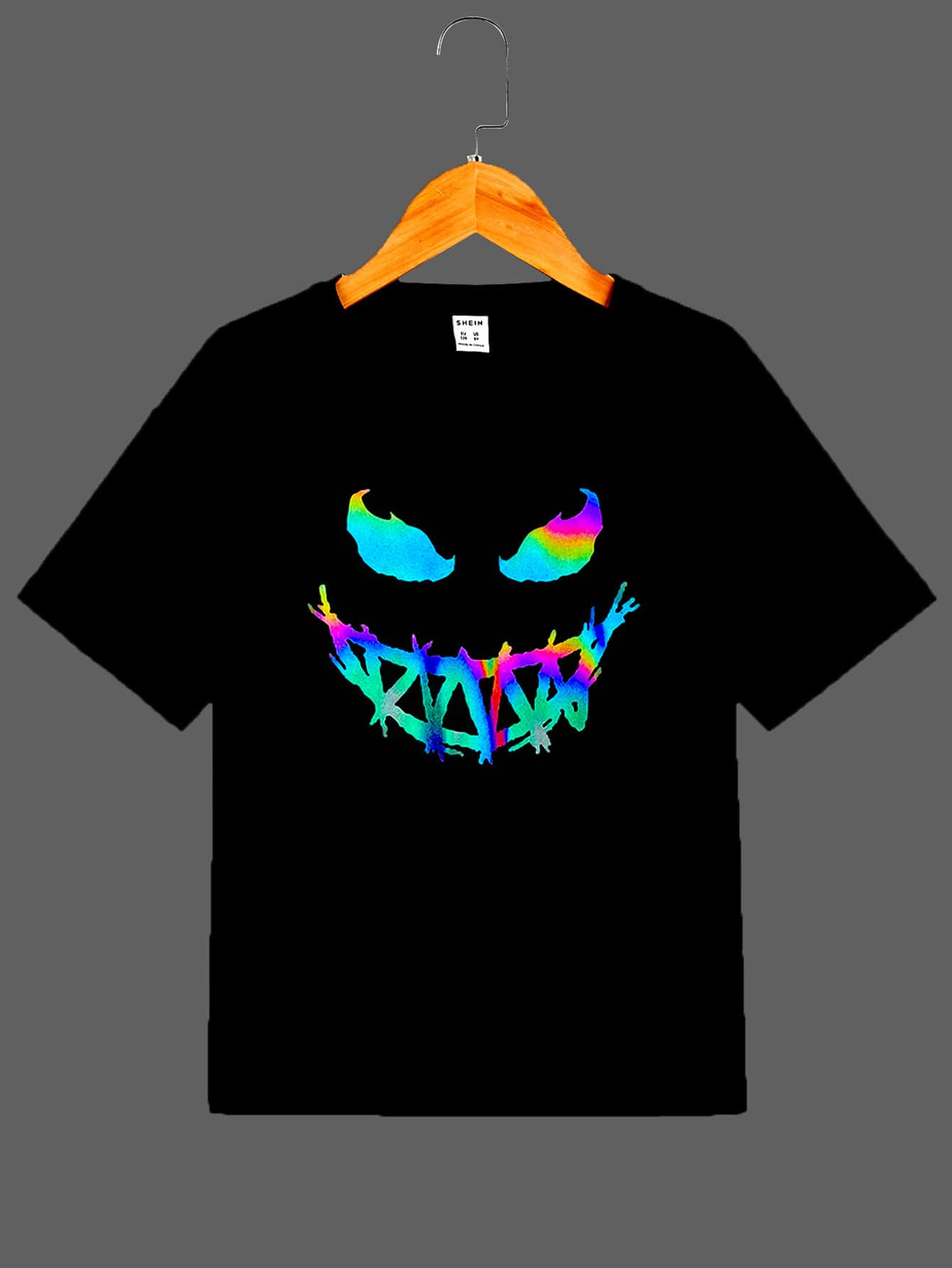 SHEIN Tween Boys' Reflective Smiling Face Printed Short Sleeve T-Shirt Cool Daily Wear For Summer - Black - View 1