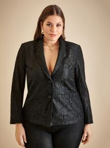 SHEIN Plus Jacquard Lace Blazer - Black - View 5
