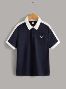SHEIN 男孩補間鹿角刺繡拼色 Polo 領襯衫,夏季 - 藏蓝色 - 查看 1