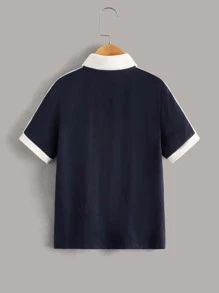 SHEIN 男孩補間鹿角刺繡拼色 Polo 領襯衫,夏季 - 藏蓝色 - 查看 2