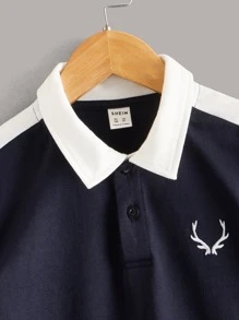 SHEIN 男孩補間鹿角刺繡拼色 Polo 領襯衫,夏季 - 藏蓝色 - 查看 3