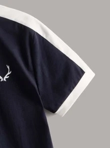 SHEIN 男孩補間鹿角刺繡拼色 Polo 領襯衫,夏季 - 藏蓝色 - 查看 4