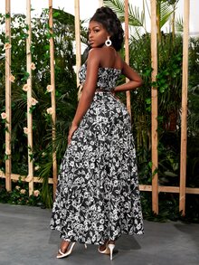 SHEIN SXY Floral Print Knot Front Crop Tube Top & Ruffle Hem Skirt - Black and White - View 2