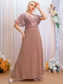 SHEIN Belle Plus Contrast Sequin Mesh Insert Butterfly Sleeve Dress - Dusty Pink - View 1