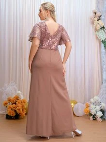 SHEIN Belle Plus Contrast Sequin Mesh Insert Butterfly Sleeve Dress - Dusty Pink - View 2