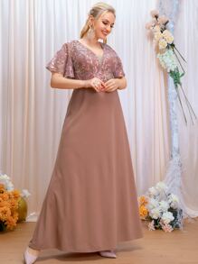 SHEIN Belle Plus Contrast Sequin Mesh Insert Butterfly Sleeve Dress - Dusty Pink - View 3