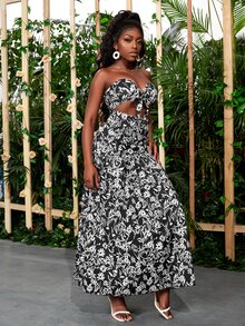 SHEIN SXY Floral Print Knot Front Crop Tube Top & Ruffle Hem Skirt - Black and White - View 5