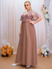 SHEIN Belle Plus Contrast Sequin Mesh Insert Butterfly Sleeve Dress - Dusty Pink - View 4