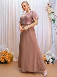 SHEIN Belle Plus Contrast Sequin Mesh Insert Butterfly Sleeve Dress - Dusty Pink - View 5