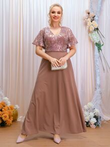 SHEIN Belle Plus Contrast Sequin Mesh Insert Butterfly Sleeve Dress - Dusty Pink - View 6