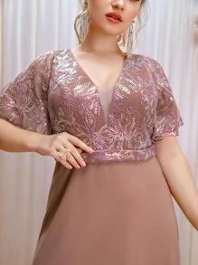 SHEIN Belle Plus Contrast Sequin Mesh Insert Butterfly Sleeve Dress - Dusty Pink - View 7