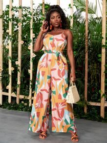 SHEIN SXY 滿版圖案腰帶吊帶闊腿連體褲 - 彩色 - 查看 1