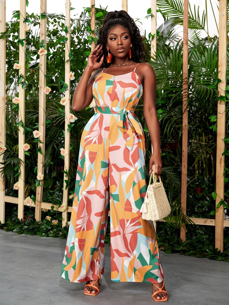 SHEIN SXY 滿版圖案腰帶吊帶闊腿連體褲 - 彩色 - 查看 1