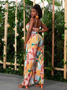 SHEIN SXY 滿版圖案腰帶吊帶闊腿連體褲 - 彩色 - 查看 2