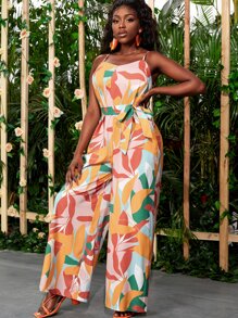 SHEIN SXY 滿版圖案腰帶吊帶闊腿連體褲 - 彩色 - 查看 3