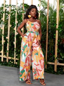 SHEIN SXY 滿版圖案腰帶吊帶闊腿連體褲 - 彩色 - 查看 5